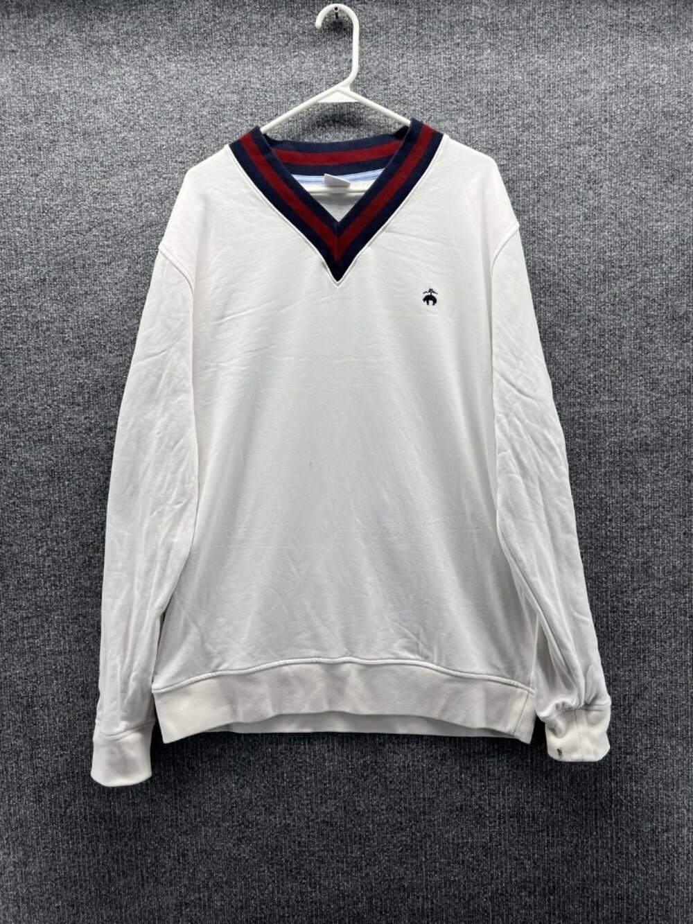 Brooks Brothers Sweater Men XL White V Neck Cotton Knit Pullover Logo Casual
